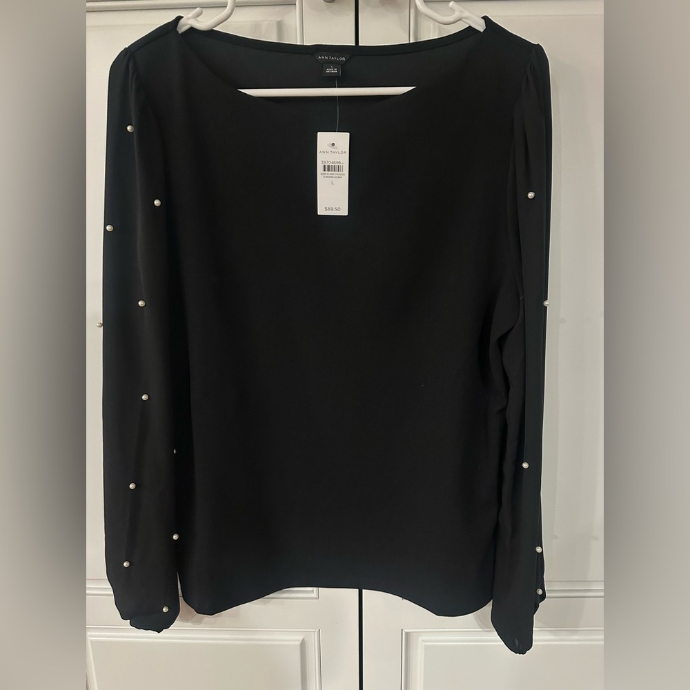 Ann Taylor Black Blouse with Pearl Details
